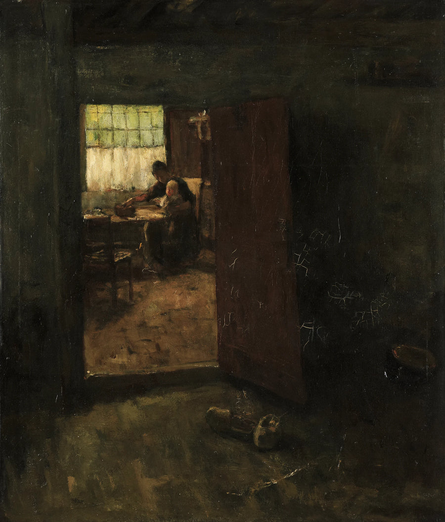 Vue d'une maison intérieure avec la femme et l'enfant d'un agriculteur - Jacobus Simon Hendrik Kever