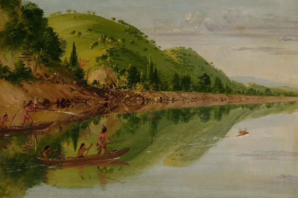 Vue sur la rivière Saint-Pierre, des Indiens Sioux poursuivant un cerf dans leurs canoës - George Catlin image 1 reproduction artisanale de tableau
