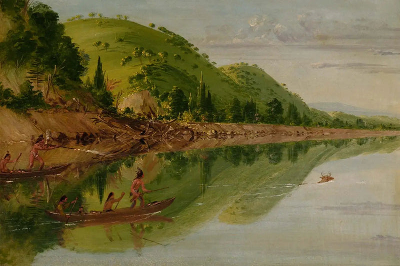 View of the Saint-Pierre River, Sioux Indians pursuing a deer in their canoes - George Catlin
