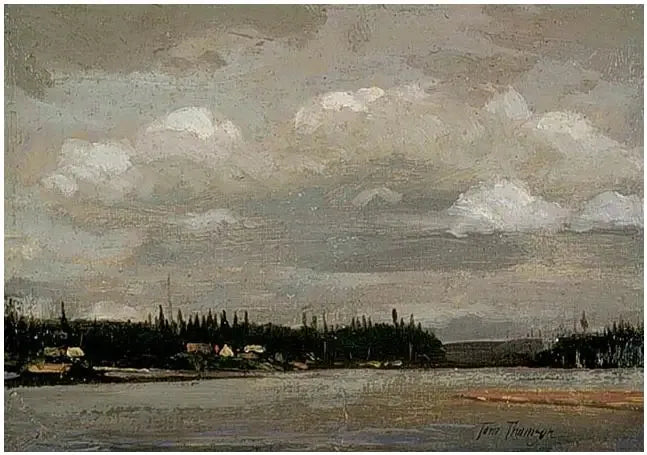 View of a lake: shoreline with houses - Tom Thomson