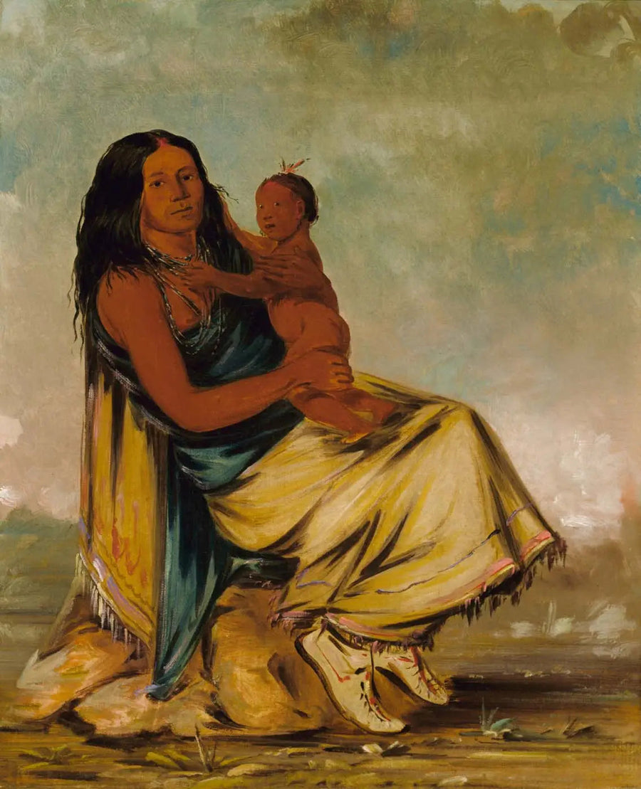 Wáh-chee-te, wife of Cler-mónt, and her child - George Catlin