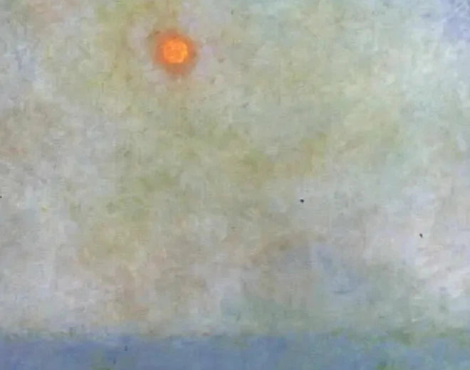 Détail du soleil orange filtré par le brouillard dans Waterloo Bridge de Monet