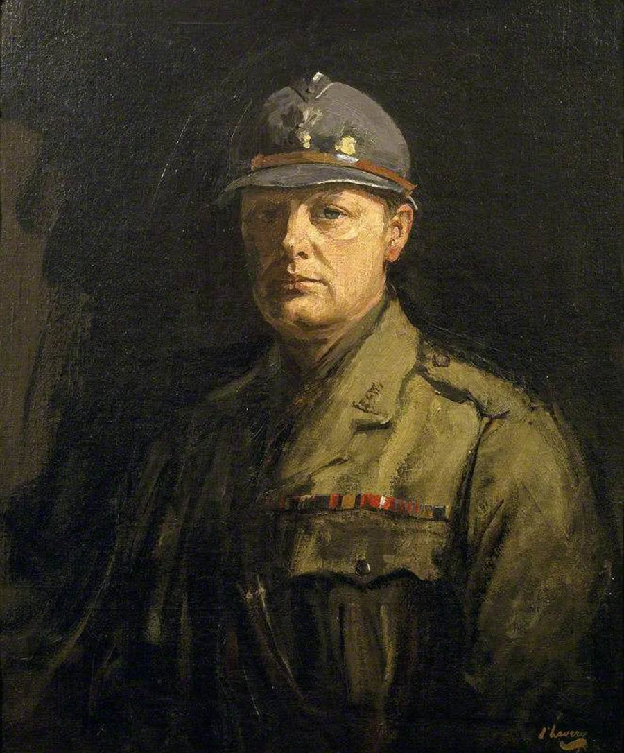 Winston Churchill (1874-1965) wearing a French infantryman's steel helmet - John Lavery